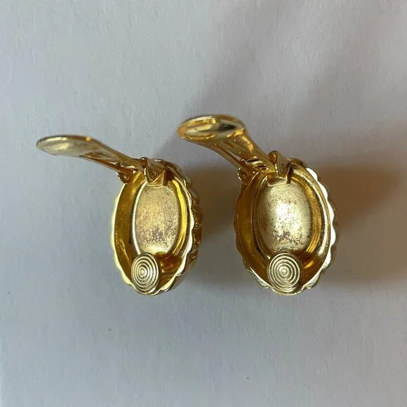 Vintage Christian Dior Clip on Earrings Gold Tone Cream Center 1980-1990s Preppy